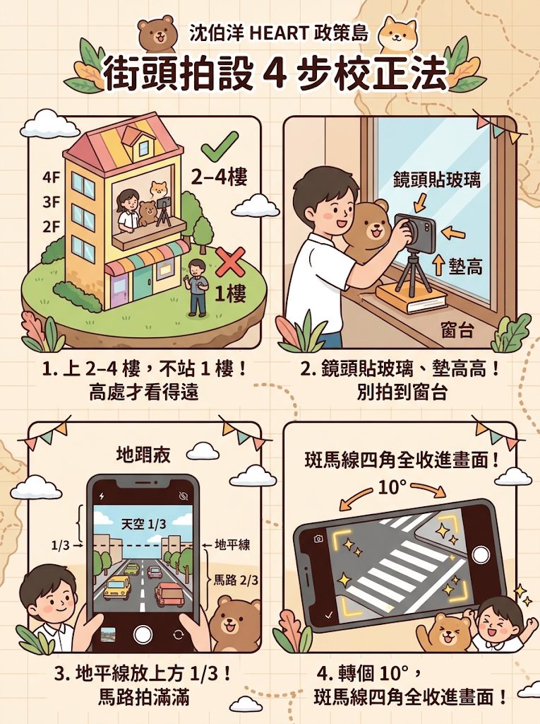 街頭拍攝 4 步校正法：上 2–4 樓；鏡頭貼玻璃、墊高、別拍到窗台；地平線放上方 1/3；斑馬線四角全收進畫面