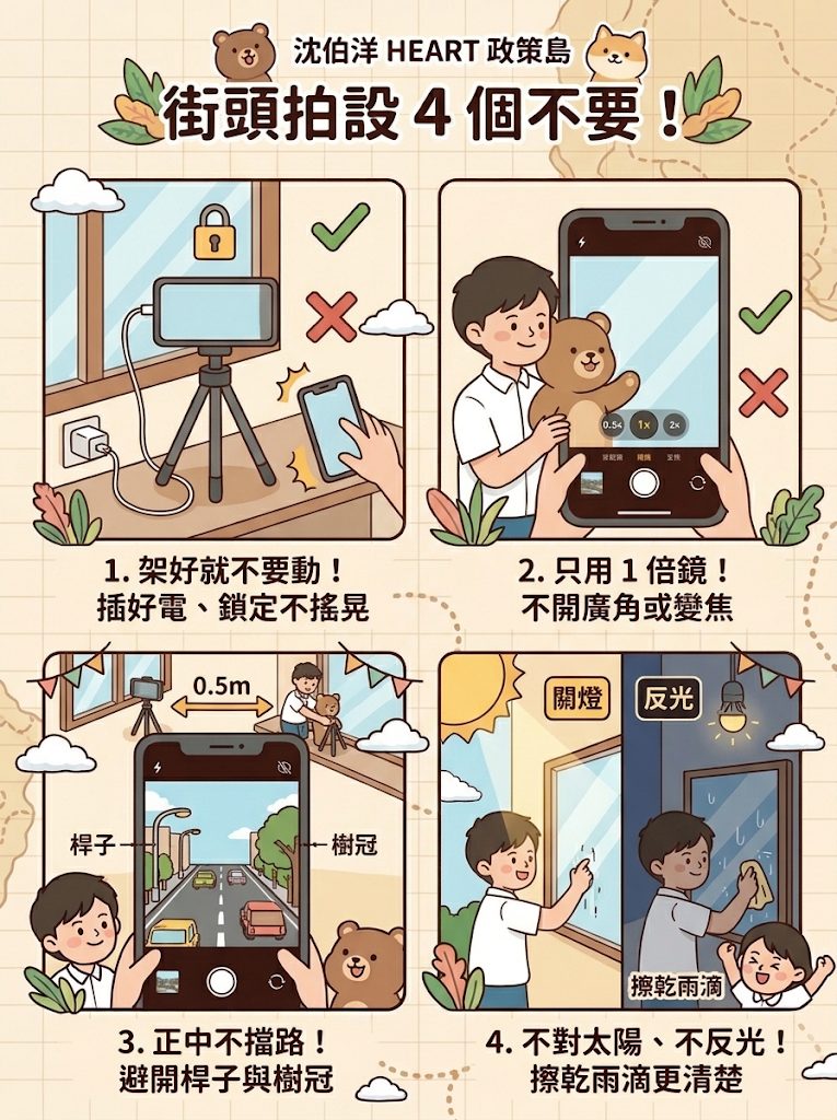 街頭拍攝 4 個不要：架好就不要動、插好電；只用 1 倍鏡；正中不擋路，避開桿子與樹冠；不對太陽、不反光，擦乾雨滴